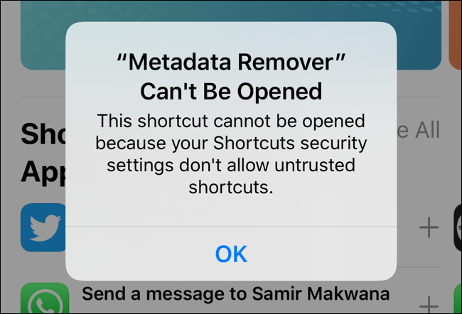 Uma mensagem de aviso de segurança no aplicativo Shortcuts.