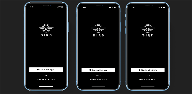 Três iPhones mostrando login com a opção Apple.
