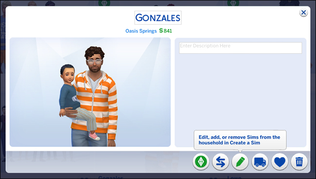 Uma família que mostra um personagem masculino segurando um personagem de menino em "The Sims 4".