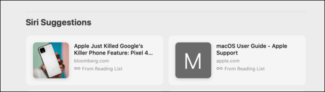 Seção de sugestões da Siri no Safari no Mac