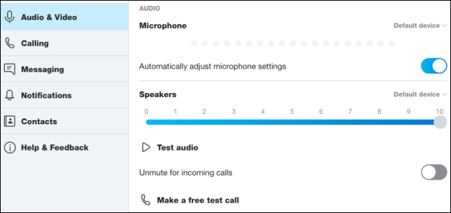 O menu "Áudio e Vídeo" do Skype.