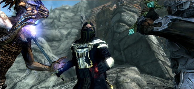 Uma cena com três personagens do DLC "The Edler Scrolls V: Skyrim".