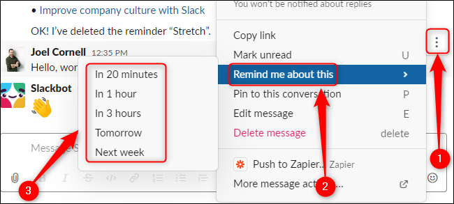 Lembrete de mensagem do Slack