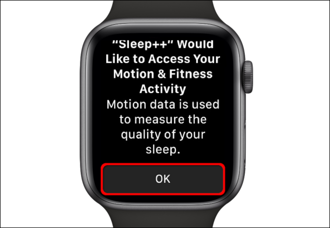 Toque em "OK" para dar permissão ao aplicativo Sleep ++ para acessar seus movimentos e atividades físicas.