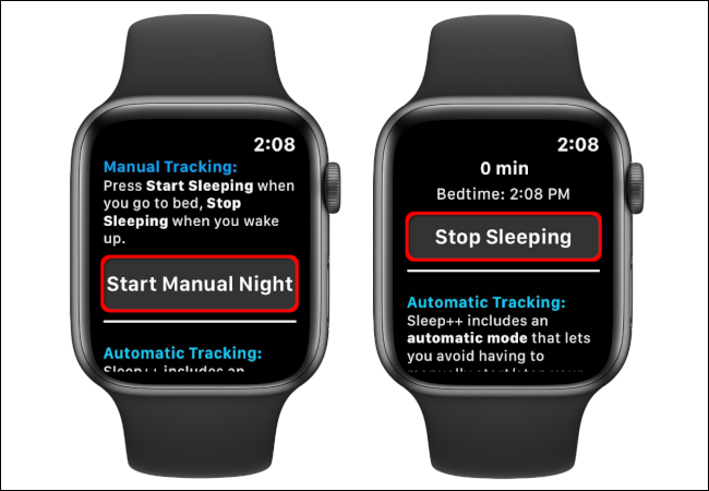 Toque em "Iniciar noite manual" para iniciar o rastreamento do sono e, em seguida, toque em "Parar de dormir" para encerrar o rastreamento do sono.