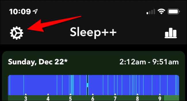 Toque no ícone de engrenagem branco para abrir o menu de configurações do aplicativo Sleep ++.