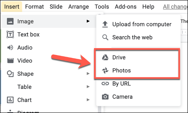 Escolha "Fotos" para fazer upload de uma imagem do Google Fotos ou "Drive" para fazer upload de uma imagem do armazenamento do Google Drive