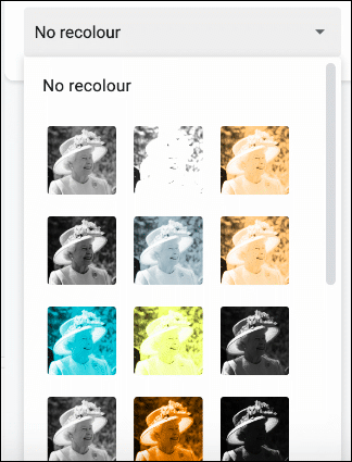 No menu Opções de formato no Apresentações Google, clique em Recolorir e selecione um dos filtros de imagem no menu suspenso para recolorir sua imagem