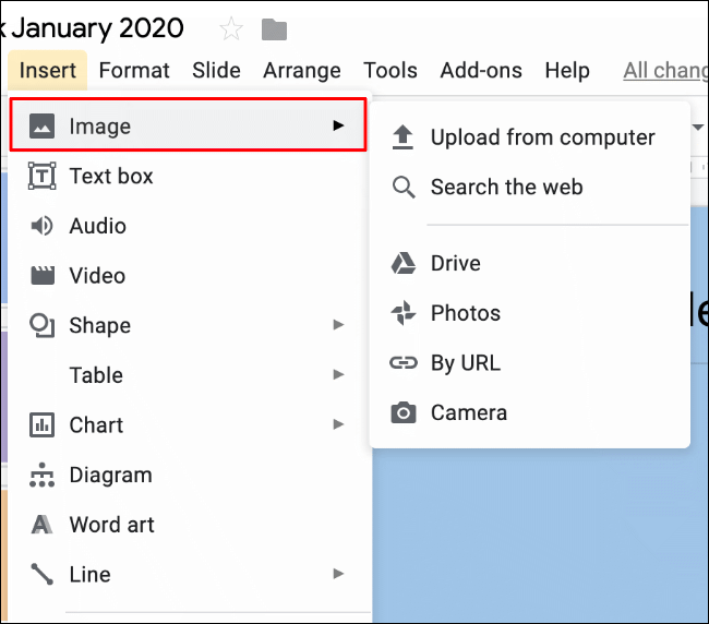 Para inserir uma imagem no Apresentações Google, clique em Inserir> Imagem e selecione uma das opções possíveis