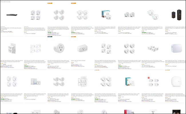 Resultados de uma pesquisa na Amazon mostrando mais de 20 plugues inteligentes.