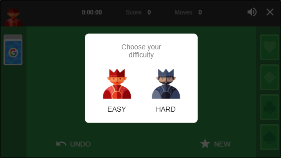 A janela "Escolha sua dificuldade" no Solitaire.