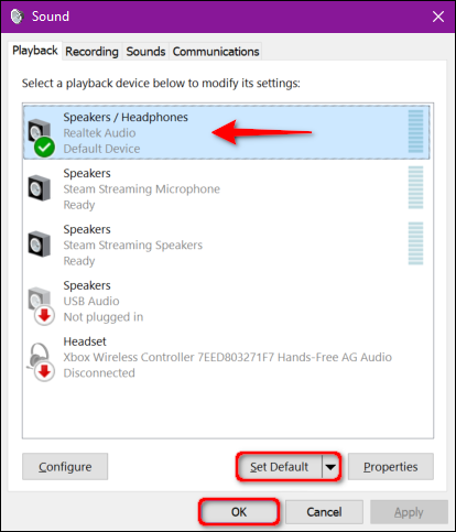 Dispositivo de configuração padrão de som