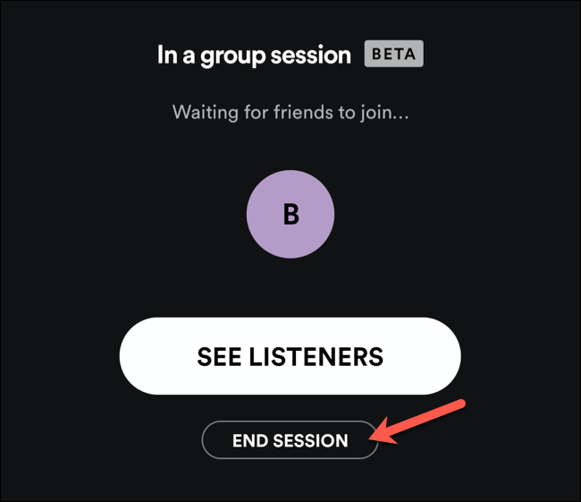 Toque em Finalizar Sessão para encerrar uma sessão de grupo do Spotify.