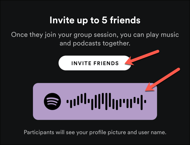 Use o código de compartilhamento para convidar usuários próximos para uma sessão de grupo do Spotify ou toque em Convidar amigos para compartilhar com outros usuários