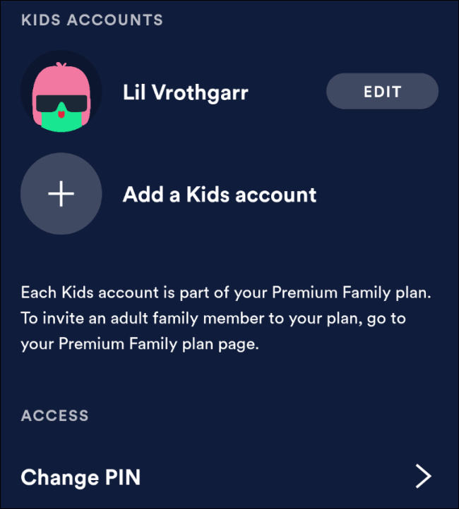 Configurações dos pais do Spotify Kids