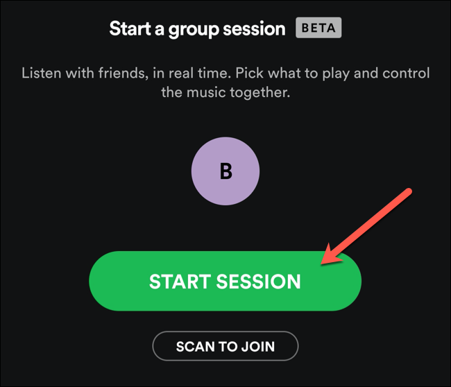 Toque em Iniciar Sessão para iniciar uma nova sessão de grupo do Spotify.