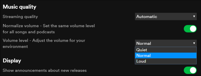 Configurações de nível de volume do Spotify