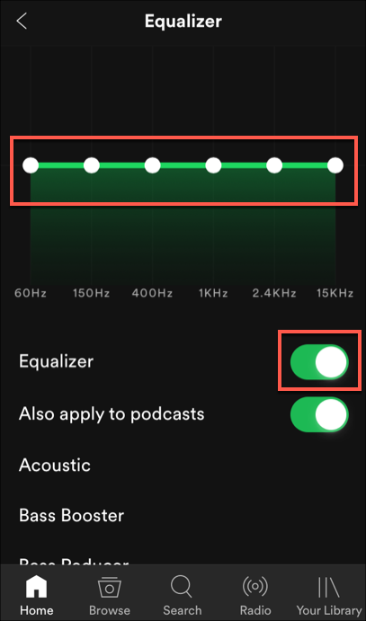As configurações do equalizador para Spotify no iOS