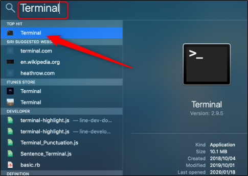 Digite "terminal" na barra de pesquisa do Spotlight e clique nele nos resultados.