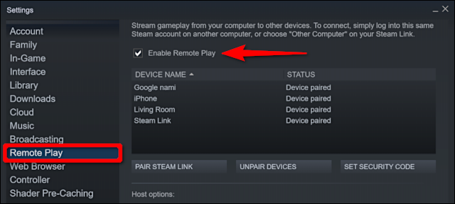 Clique em "Remote Play" e, em seguida, clique na caixa de seleção ao lado de "Enable Remote Play" para habilitar esta opção.