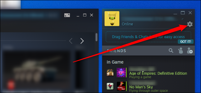 Menu de configurações de amigos do Steam