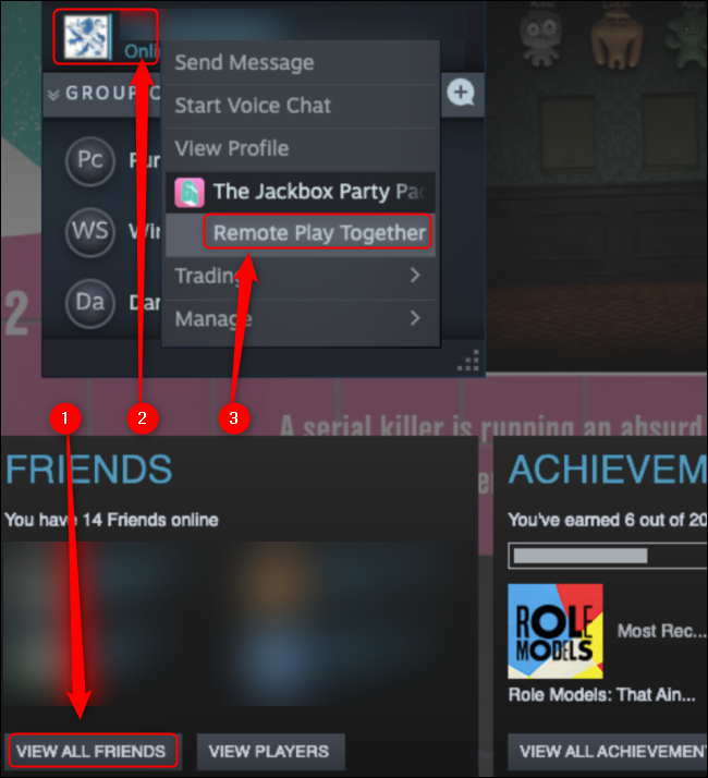 Clique em "Exibir todos os amigos", clique com o botão direito no amigo que deseja convidar e clique em "Jogar juntos remotamente".