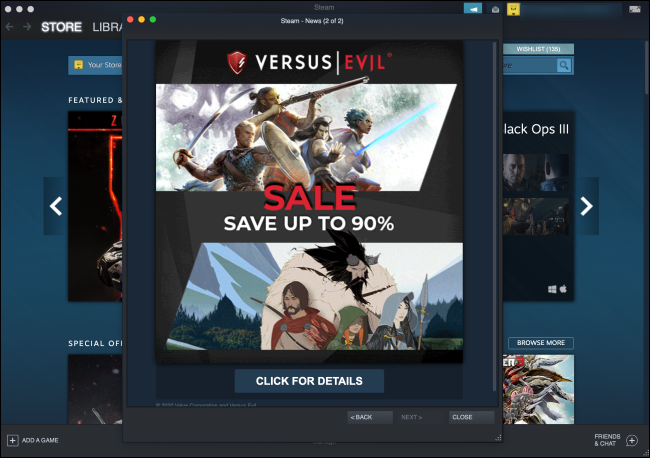 Anúncio pop-up do Steam no lançamento