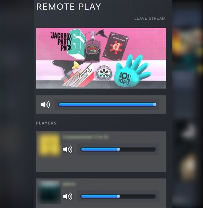 O menu "Remote Play" do Steam para um jogador convidado.