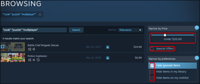 Preço e preferências do Steam Search