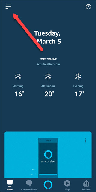 Aplicativo Alexa com seta apontando para menu de hambúrguer