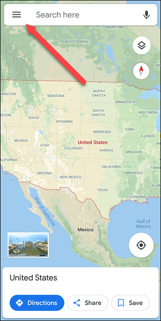 Aplicativo Google Maps com seta apontando para Menu de Hambúrguer