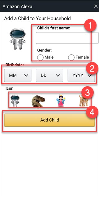 Caixa de diálogo Alexa Add child, com caixas ao redor do nome, sexo, data de nascimento, ícone e botão add child