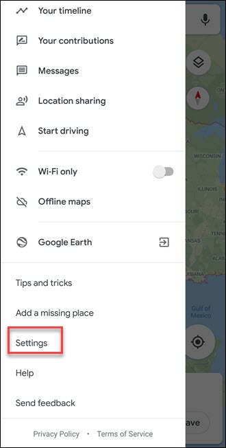Submenu do Google Maps com chamada de configurações