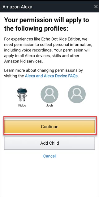 Tela de permissões Alexa com uma caixa ao redor do botão Continuar
