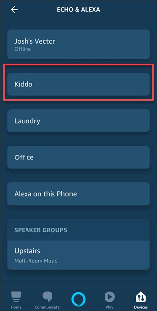 Aplicativo Alexa com caixa ao redor da entrada de eco "Kiddo"