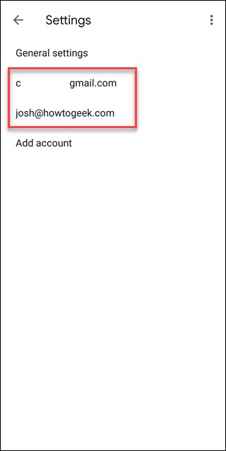 Página de configurações do Gmail com uma caixa ao redor das contas de e-mail