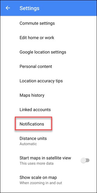 Menu de configurações do Google Maps com texto destacado de notificações