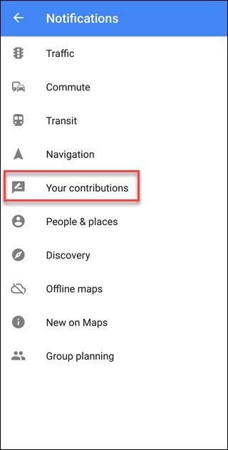 Menu de notificação do Google Maps com a frase de destaque Suas contribuições