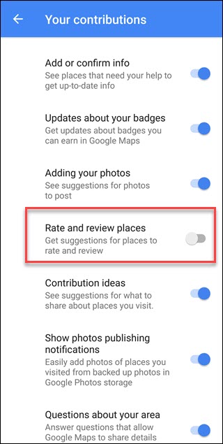 Menu Suas contribuições do Google Maps com texto explicativo de lugares para avaliar e comentar.
