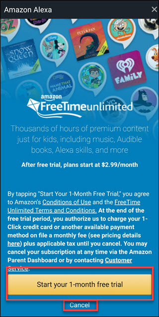 Tela de oferta Freetime Unlimited com caixas em torno das opções Comece seu teste gratuito de 1 mês e cancele