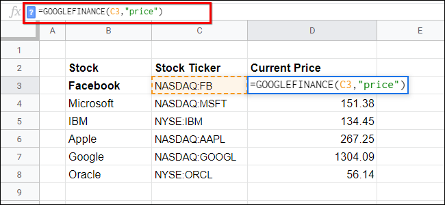 Lista de registros de ações do Google Finance Sheets