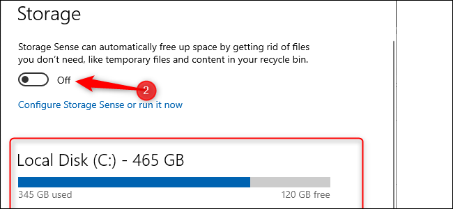 Configurações de armazenamento do Windows 10.  Um gráfico de barra azul indicando a quantidade de armazenamento usado