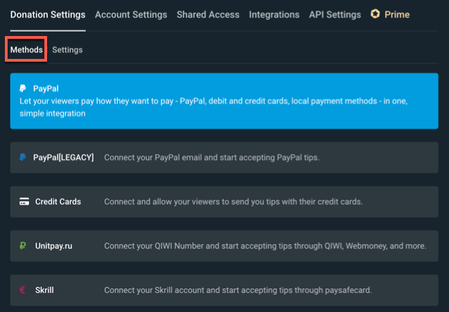 Para acessar seus métodos de doação do Streamlabs, clique nas guias Configurações de Doação> Métodos e selecione uma das opções disponíveis.
