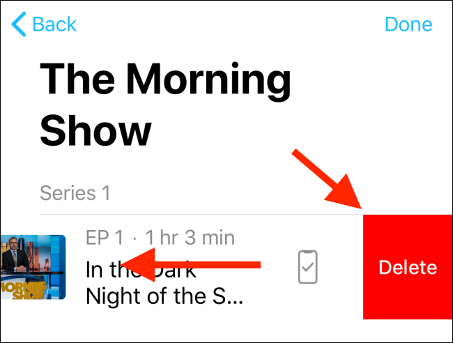 Deslize sobre o título de um episódio e toque no botão Excluir