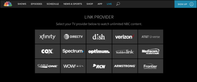 Site da NBC para conectar seu provedor de televisão