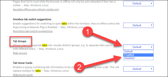 Edge Flag para Tab Groupse, com seta apontando para lista suspensa e habilitado