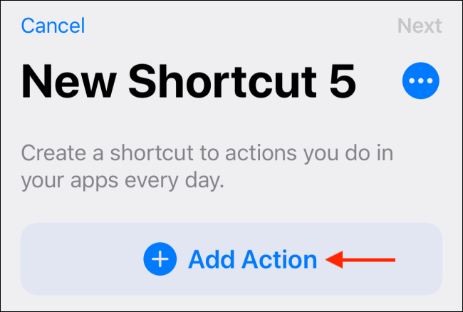 Toque em Adicionar ação do novo atalho