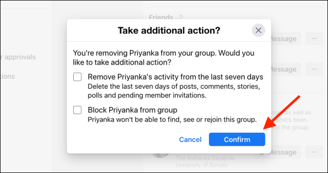 Toque em Confirmar para remover o membro do Grupo do Facebook