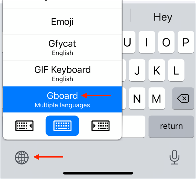 Toque no ícone do globo para mudar para o novo teclado