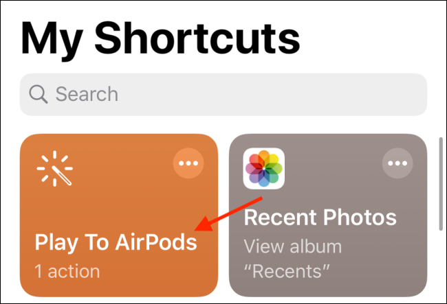 Toque no atalho Reproduzir para AirPods em Atalhos
